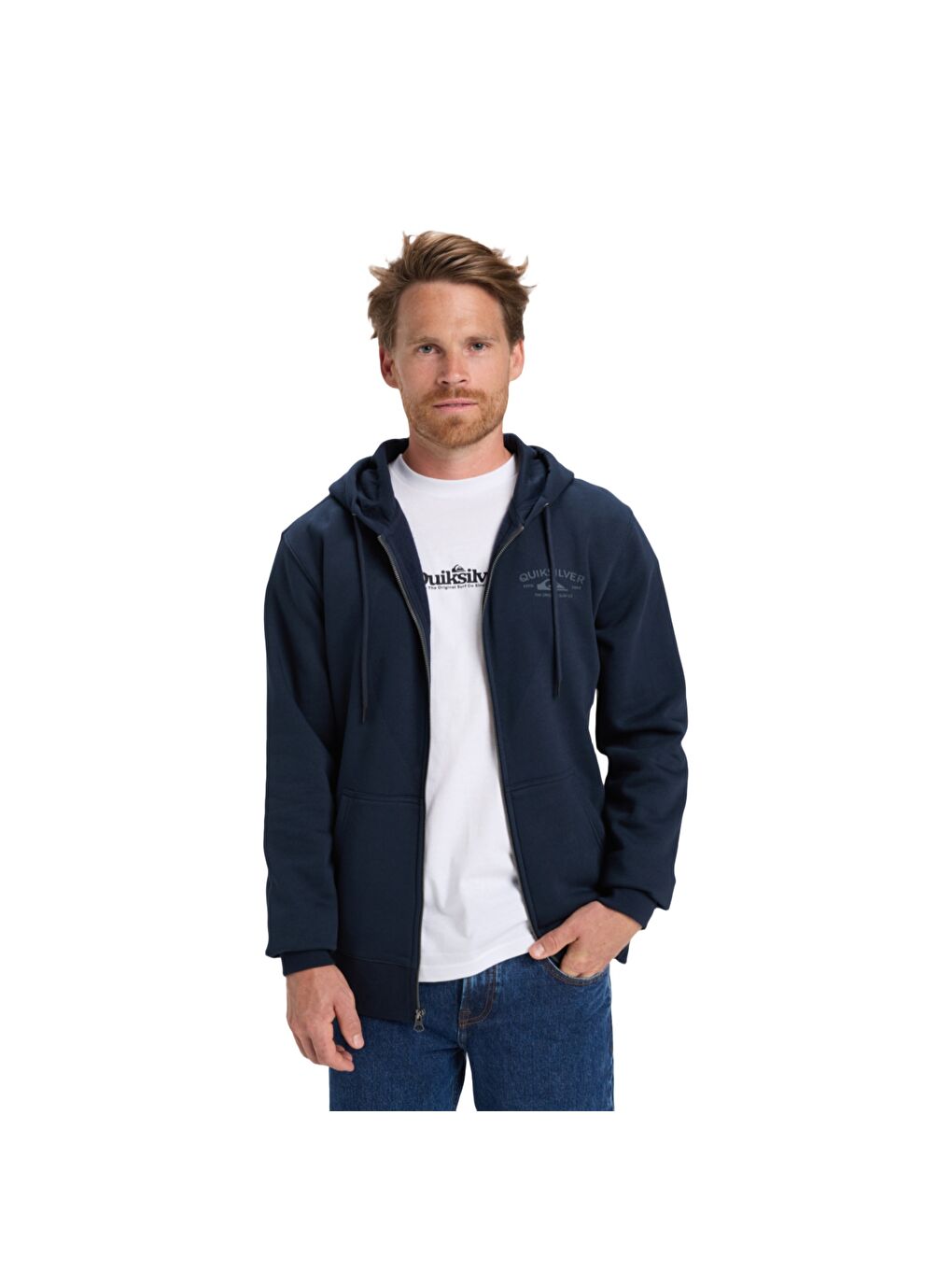 Lacivert Zip Hood Chest Logo Erkek Mavi Fermuarlı Sweatshirt-2