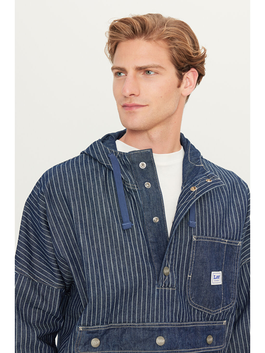 %100 Pamuk Relaxed Fit Geniş Kesim Kapüşonlu Koyu Mavi Denim Jean Ceket-3