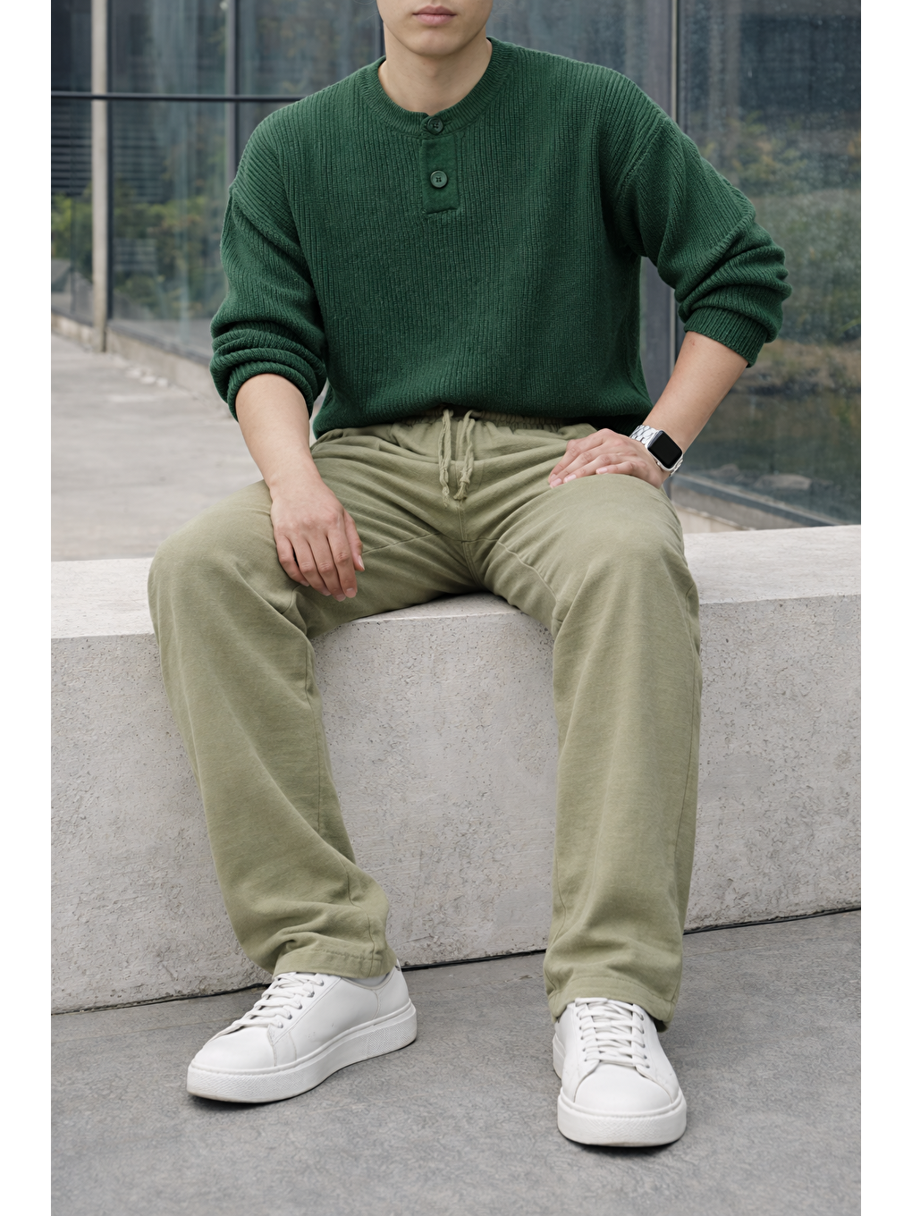 Erkek Lastikli Trend Basic Bol Yeşil Keten Pantolon-3