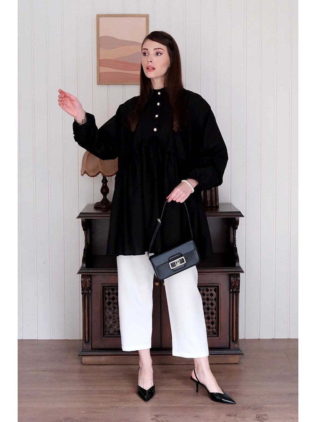 Siyah İnci Detaylı Robalı Tunik Beyaz Boru Paça Pantolon Takım-4