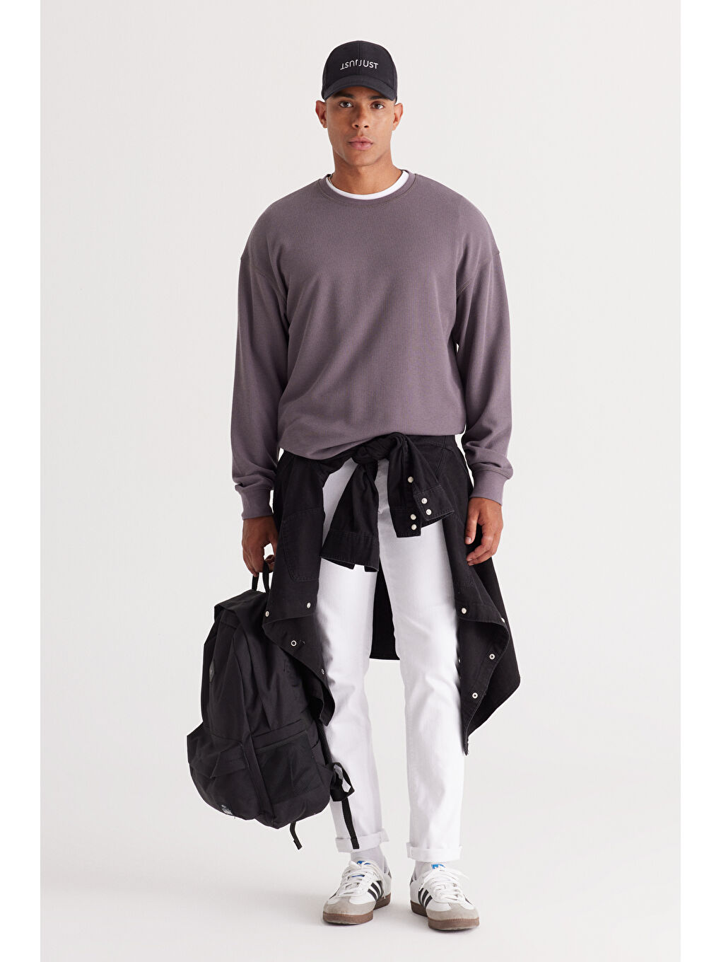 Erkek Koyu Gri Loose Fit Bisiklet Yaka Jakarlı Sweatshirt-1