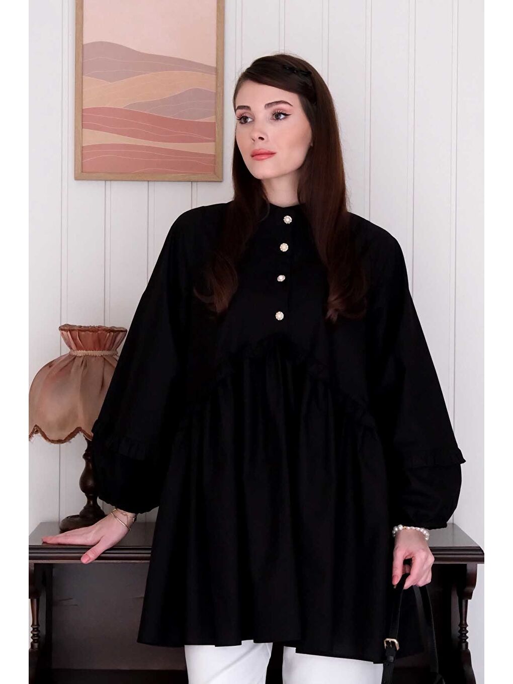 Siyah İnci Detaylı Robalı Tunik Beyaz Boru Paça Pantolon Takım-7