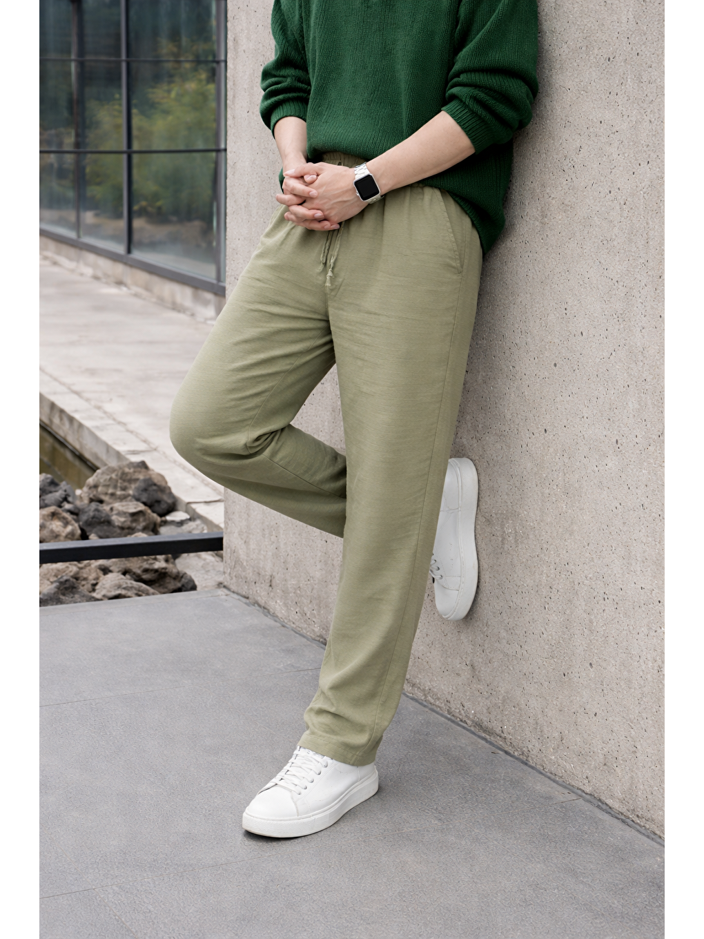 Erkek Lastikli Trend Basic Bol Yeşil Keten Pantolon-5