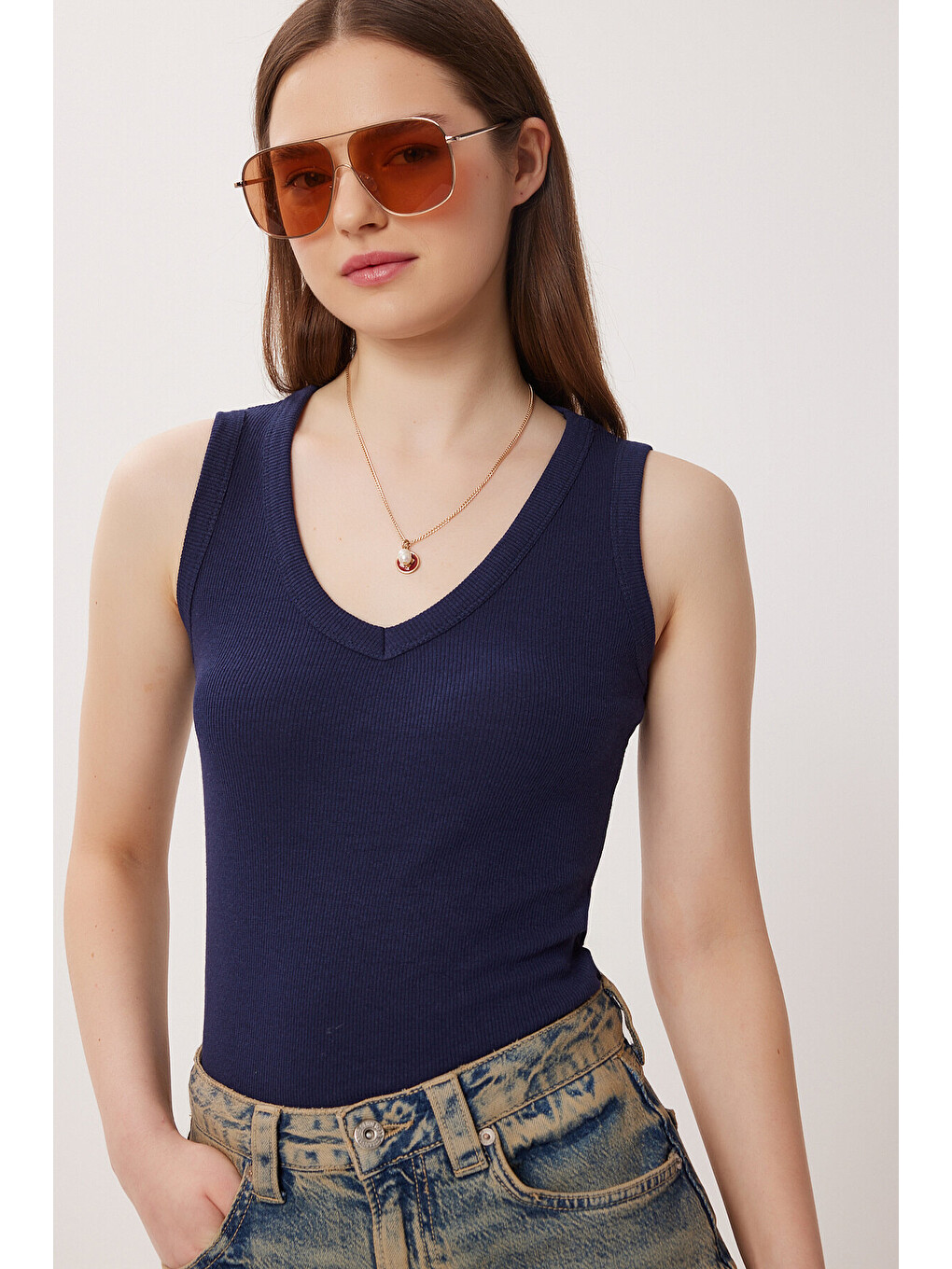 Lacivert V Yaka Basic Fitilli Örme Bluz LACİVERT LRN0029