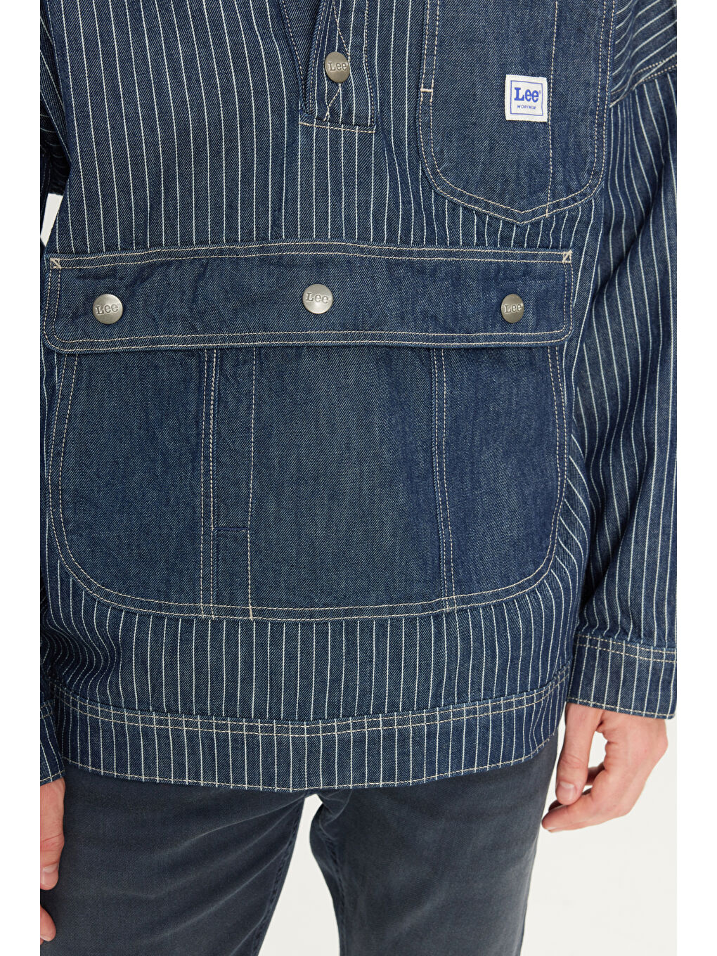 %100 Pamuk Relaxed Fit Geniş Kesim Kapüşonlu Koyu Mavi Denim Jean Ceket-4