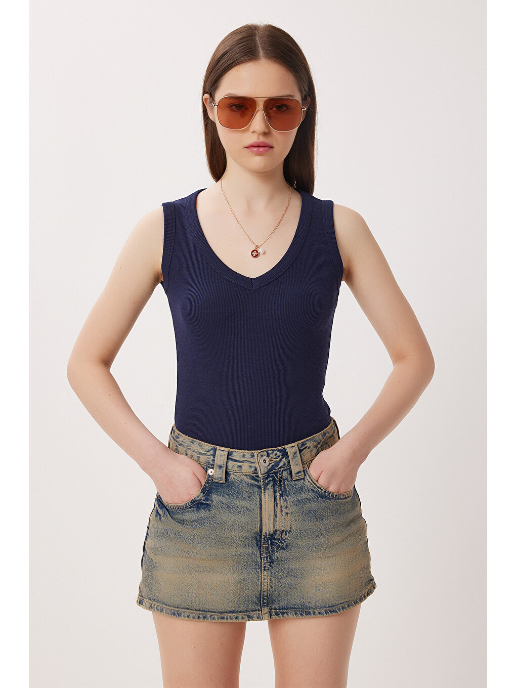 Lacivert V Yaka Basic Fitilli Örme Bluz LACİVERT LRN0029-1