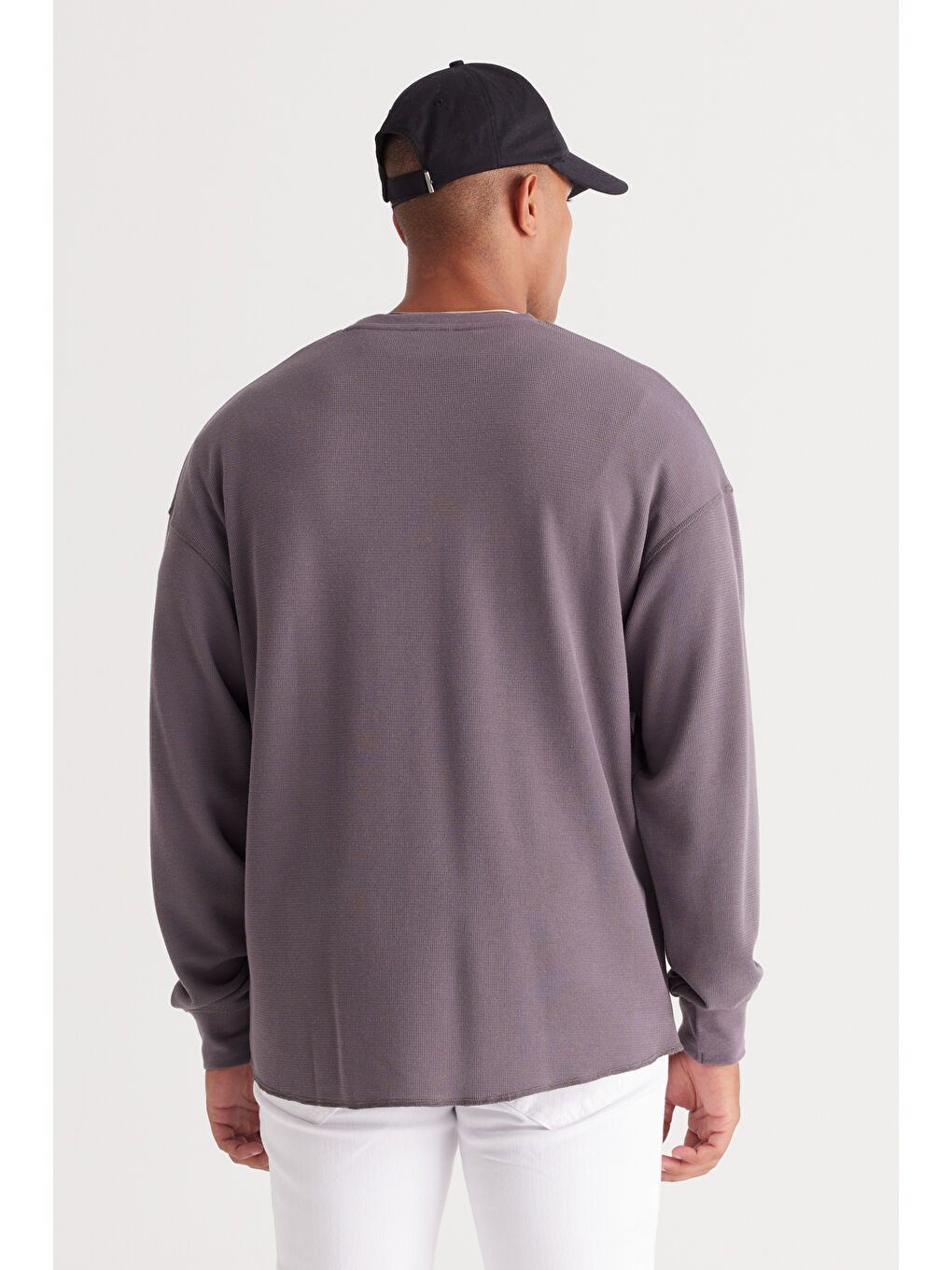 Erkek Koyu Gri Loose Fit Bisiklet Yaka Jakarlı Sweatshirt-4