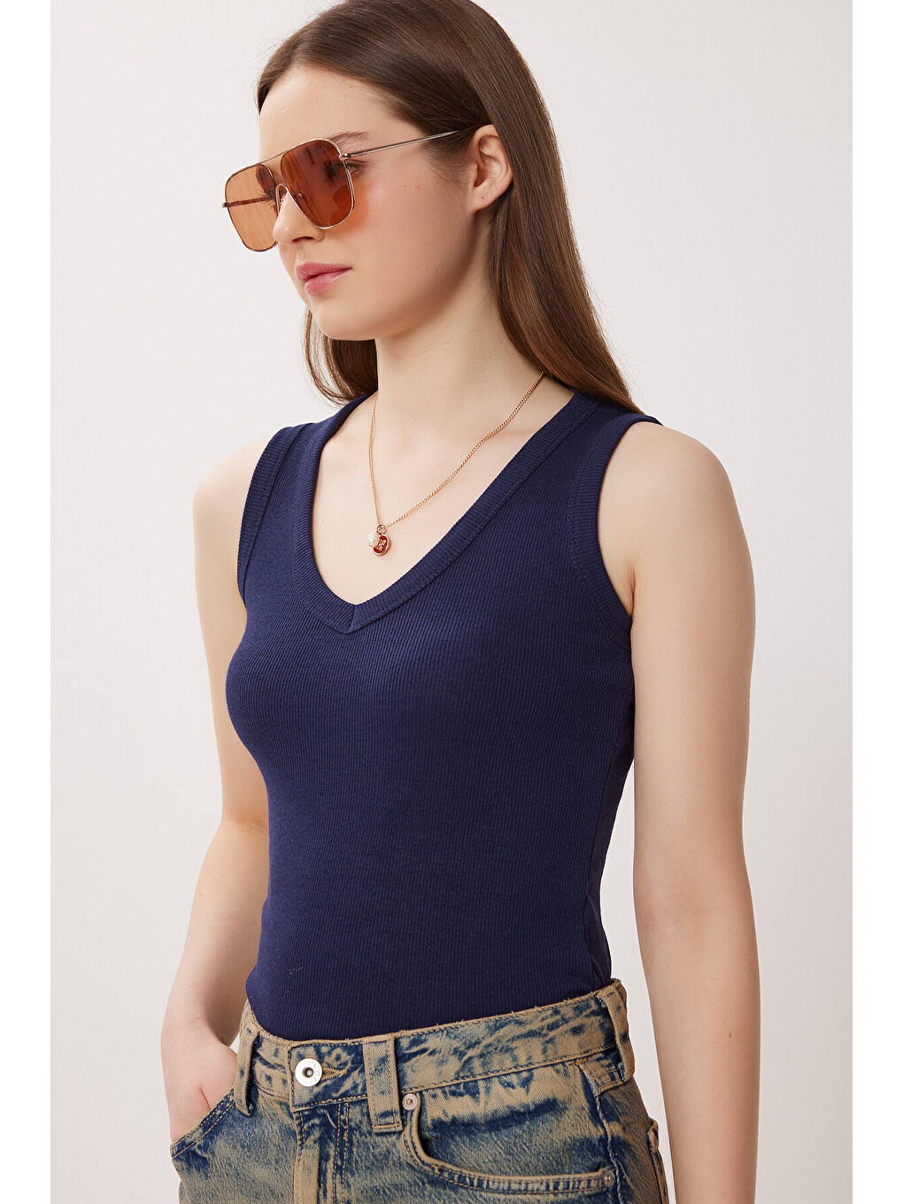 Lacivert V Yaka Basic Fitilli Örme Bluz LACİVERT LRN0029-2