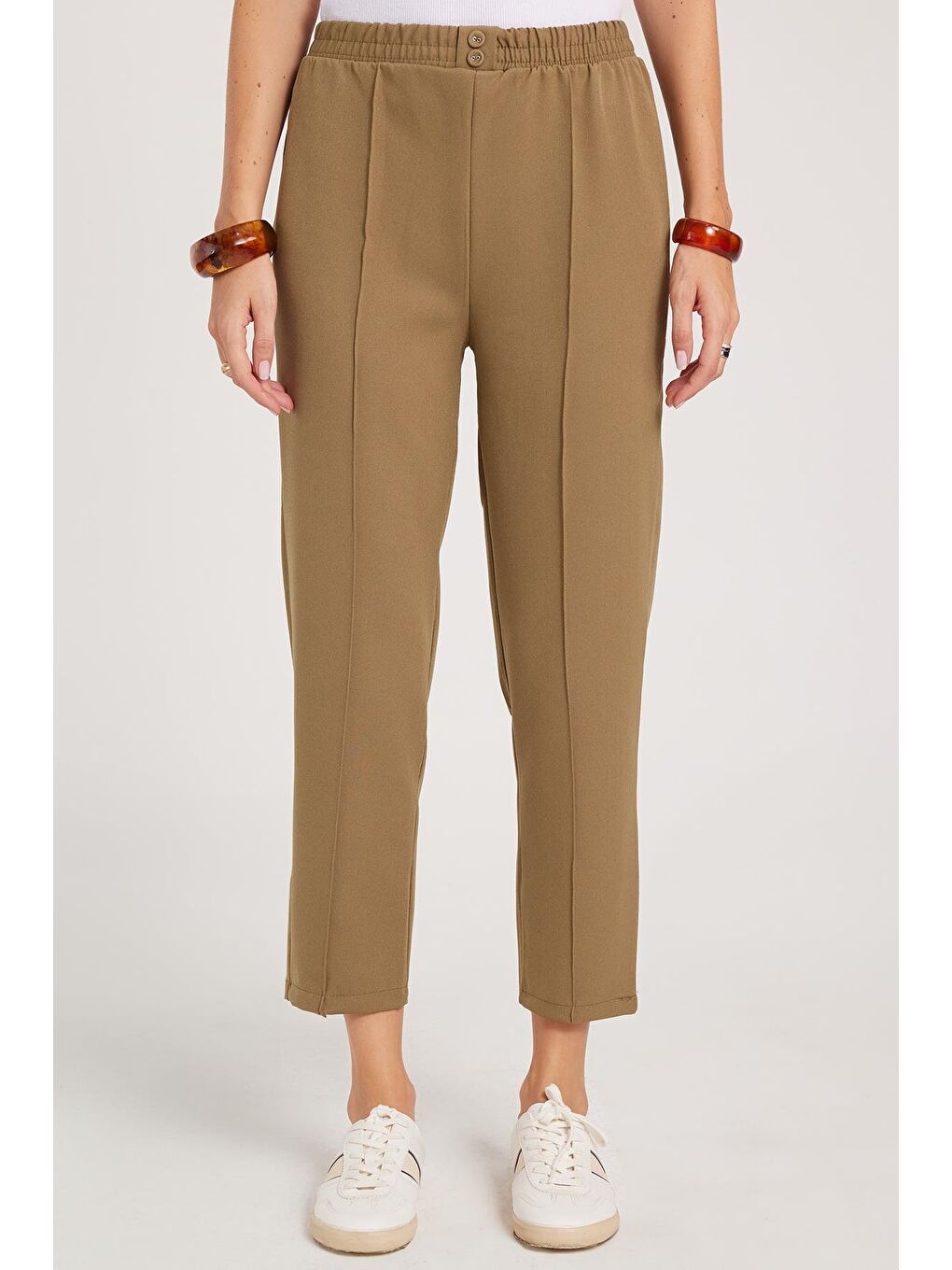 Kadın Relax Fit Rahat Kesim Yüksel Bel Düz Paça Beli Lastikli Haki Pantolon