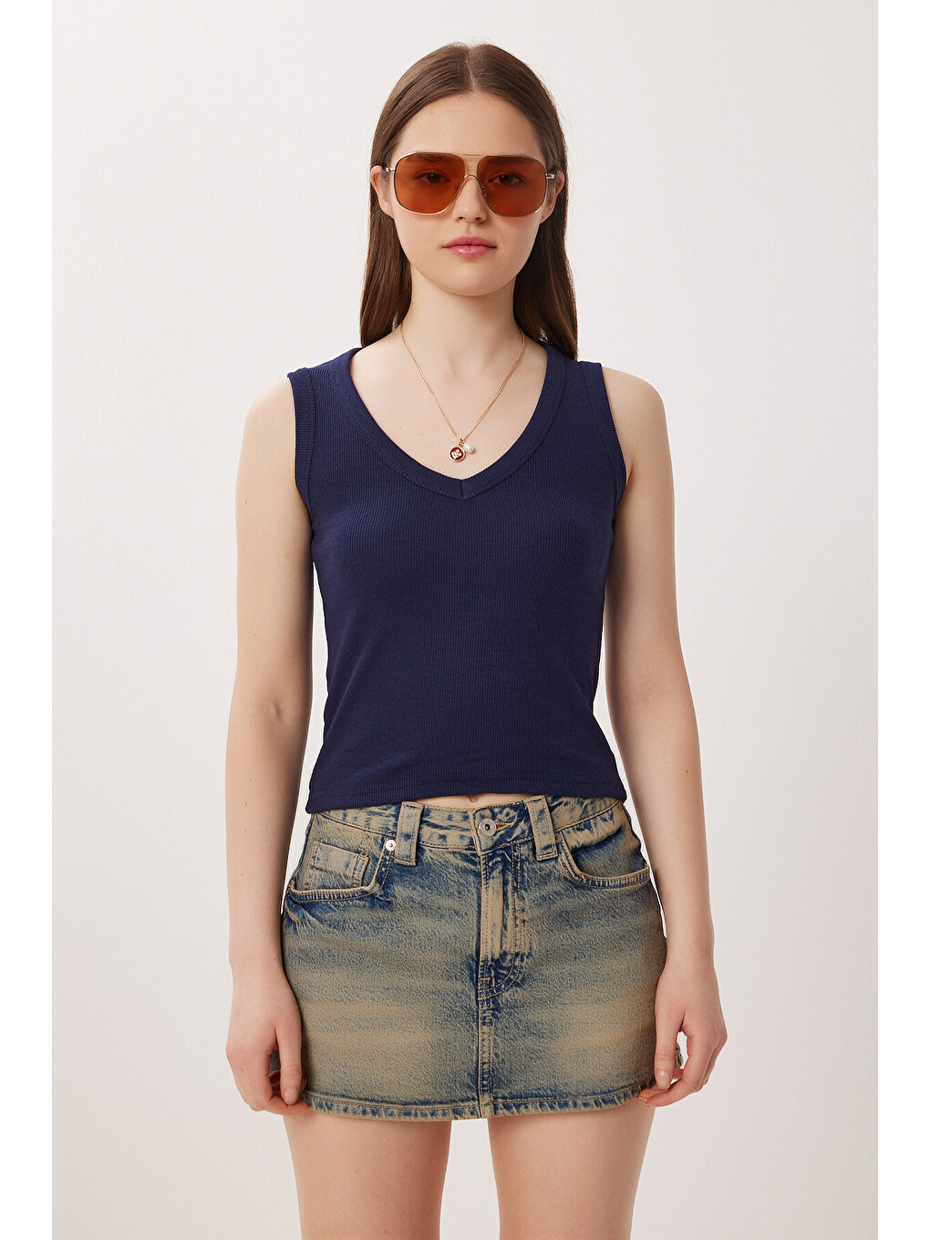 Lacivert V Yaka Basic Fitilli Örme Bluz LACİVERT LRN0029-3