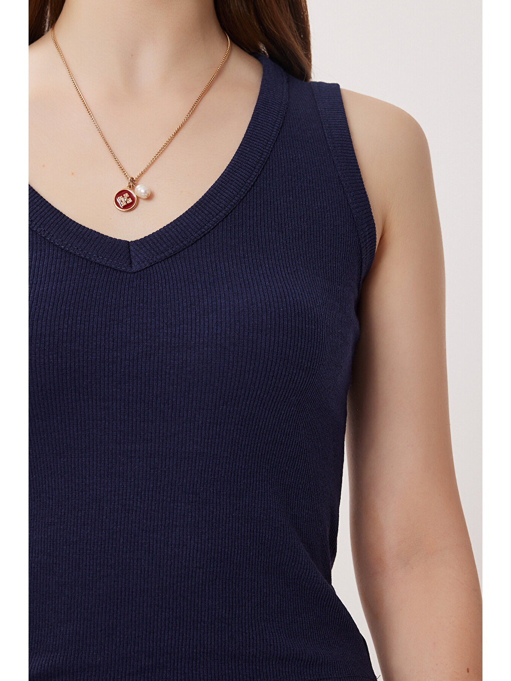 Lacivert V Yaka Basic Fitilli Örme Bluz LACİVERT LRN0029-4
