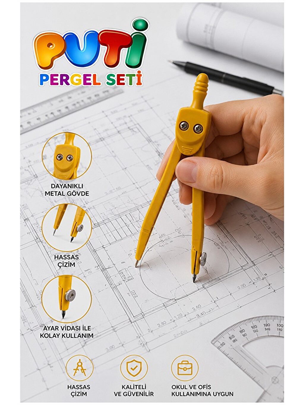 Yeşil Metal Pergel 1 Adet Puti 1574 Koruma Kutulu Metal Pergel Grafit Uçlu Mekanik Pergel Matematik-2
