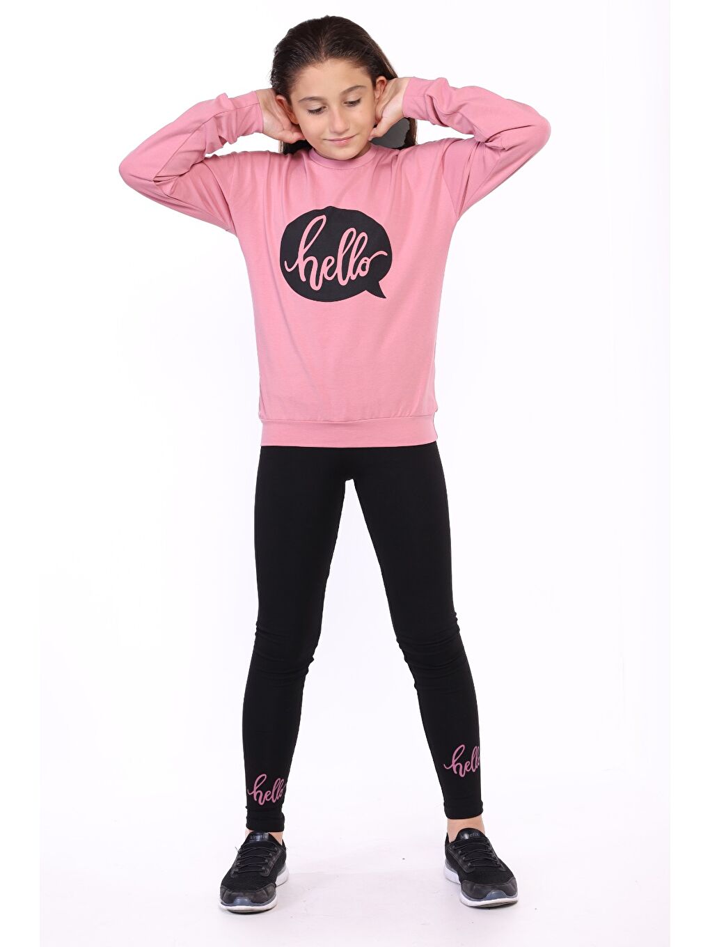 Pembe Kız Çocuk Hello Yazı Baskılı Taytlı Takım