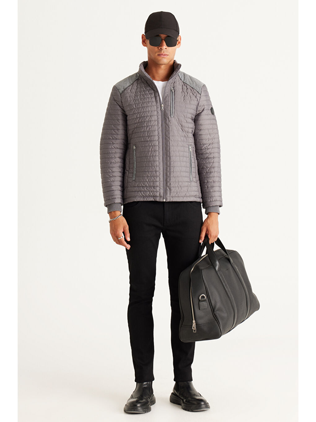 Erkek Gri Standart Fit Normal Kesim Dik Yaka Desenli Mont-2