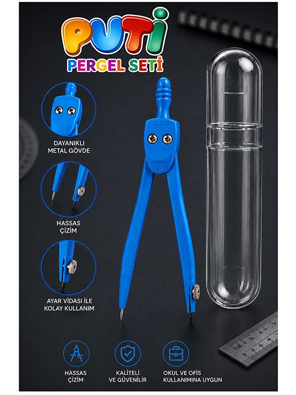 Mavi Metal Pergel 1 Adet Puti 1574 Koruma Kutulu Metal Pergel Grafit Uçlu Mekanik Pergel Matematik T