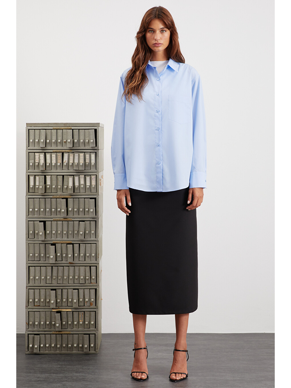 Celıa Kadın %100 Organik Pamuklu Oversize Fit Bol Kesim Tek Cepli Dokuma Mavi Gömlek-1