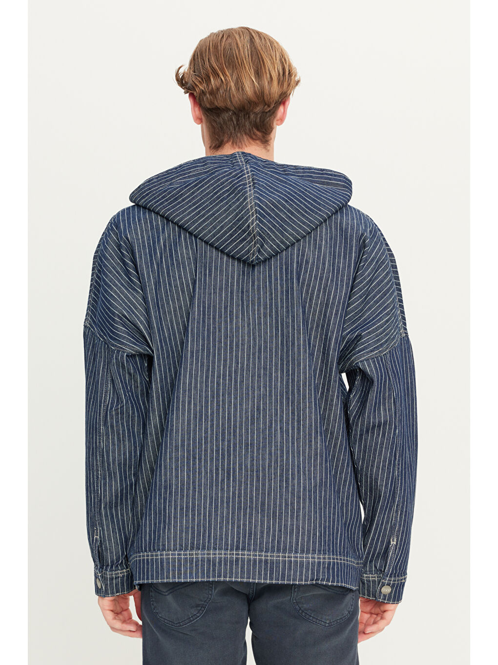 %100 Pamuk Relaxed Fit Geniş Kesim Kapüşonlu Koyu Mavi Denim Jean Ceket-5