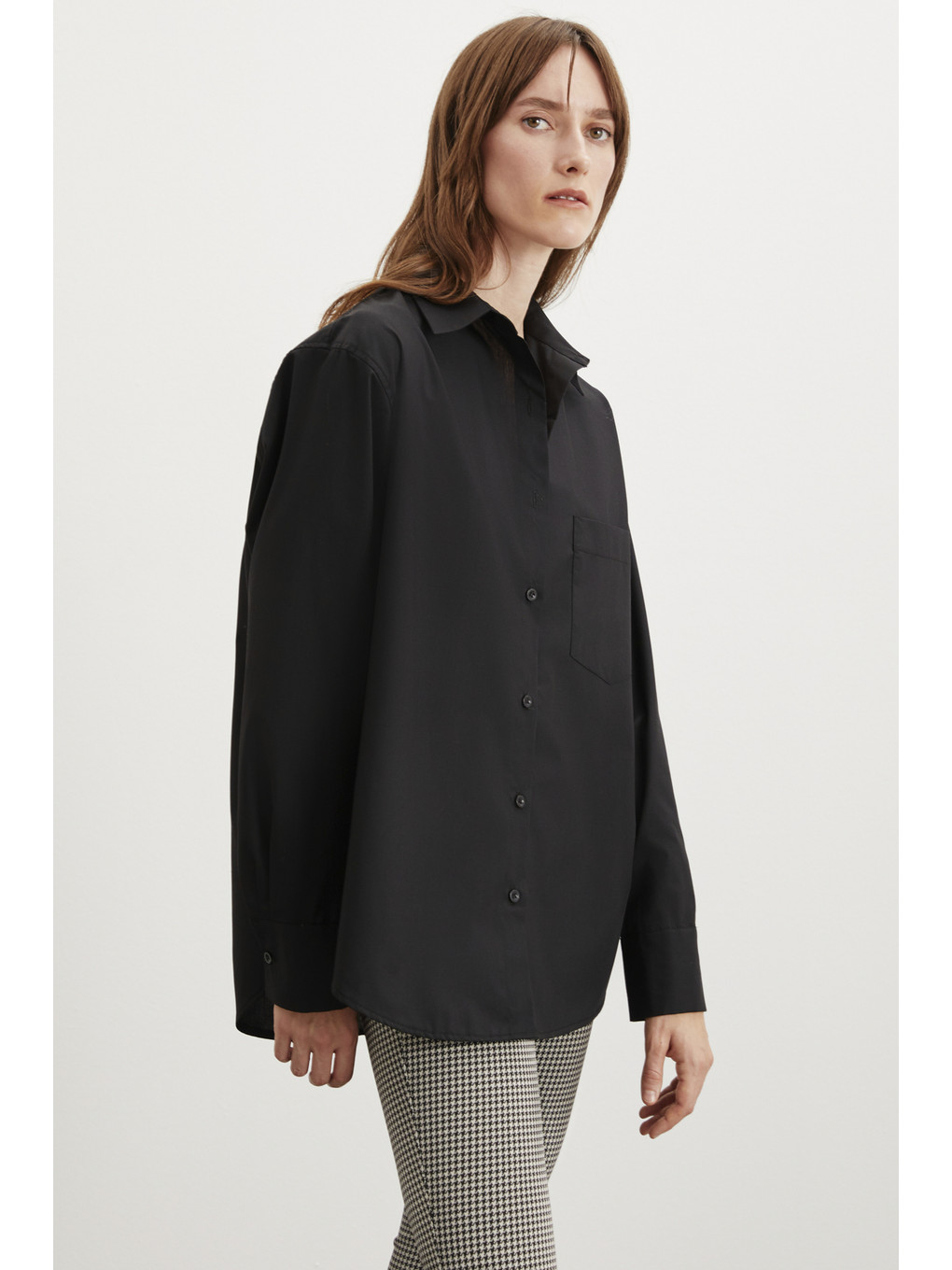 Celıa Kadın %100 Organik Pamuklu Oversize Fit Bol Kesim Tek Cepli Dokuma Siyah Gömlek-2