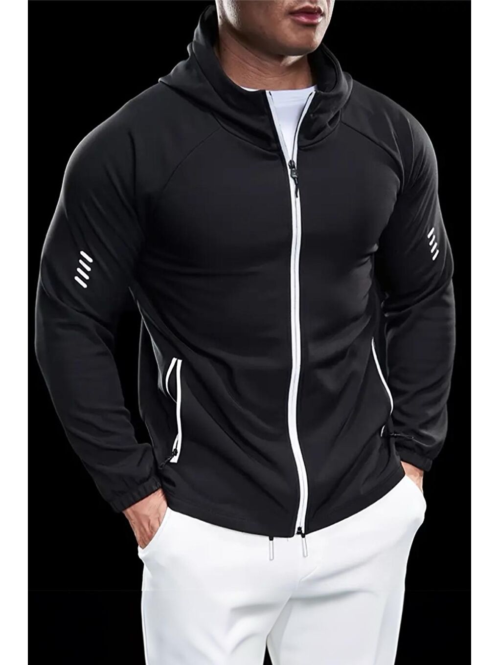 Oksit Siyah Sogga Antreman Spor Fitness Scuba Kumaş Kapüşonlu  Erkek Fermuarlı Sweatshirt