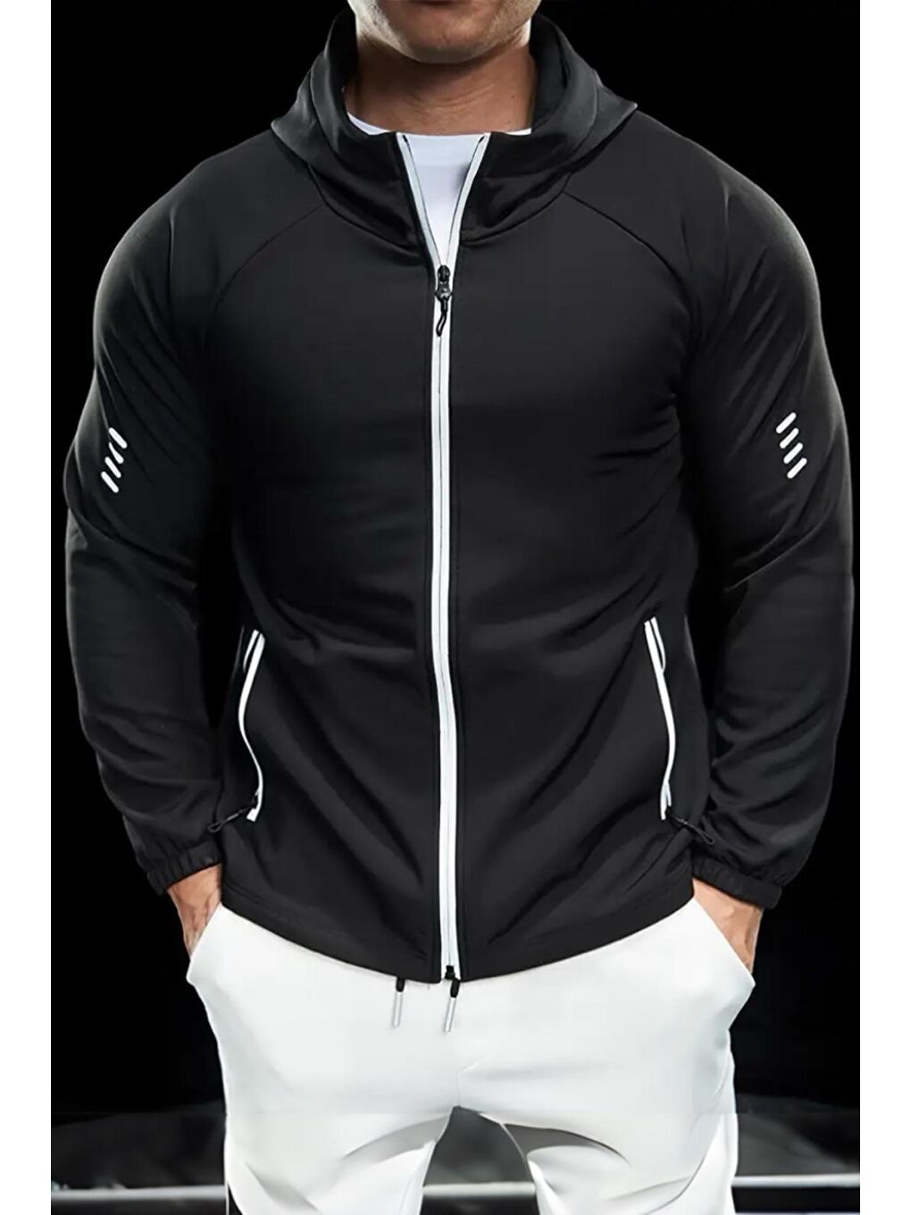 Oksit Siyah Sogga Antreman Spor Fitness Scuba Kumaş Kapüşonlu  Erkek Fermuarlı Sweatshirt - 1