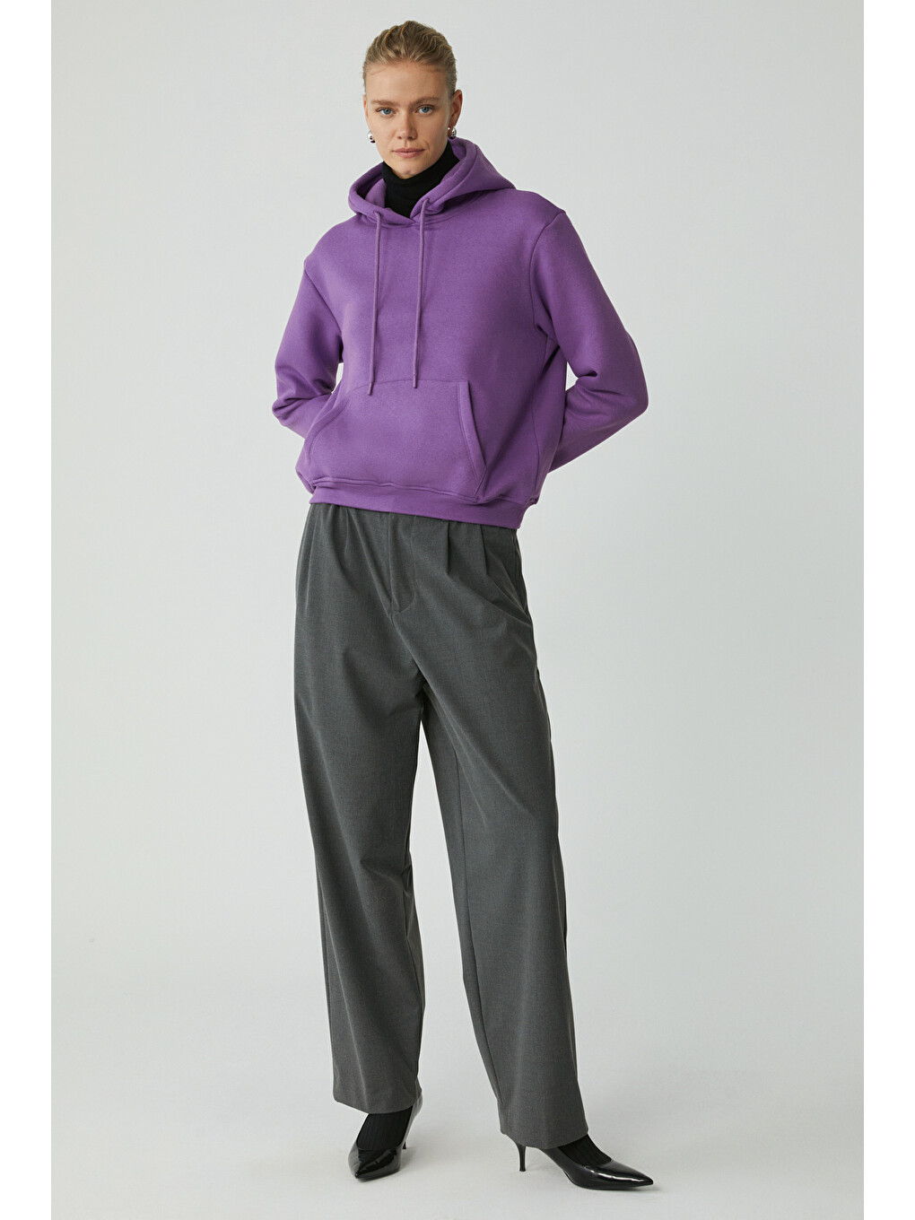 Diane Kadın İçi Polarlı Yumuşacık Comfort Fit Kapüşonlu Mor Sweatshirt-1