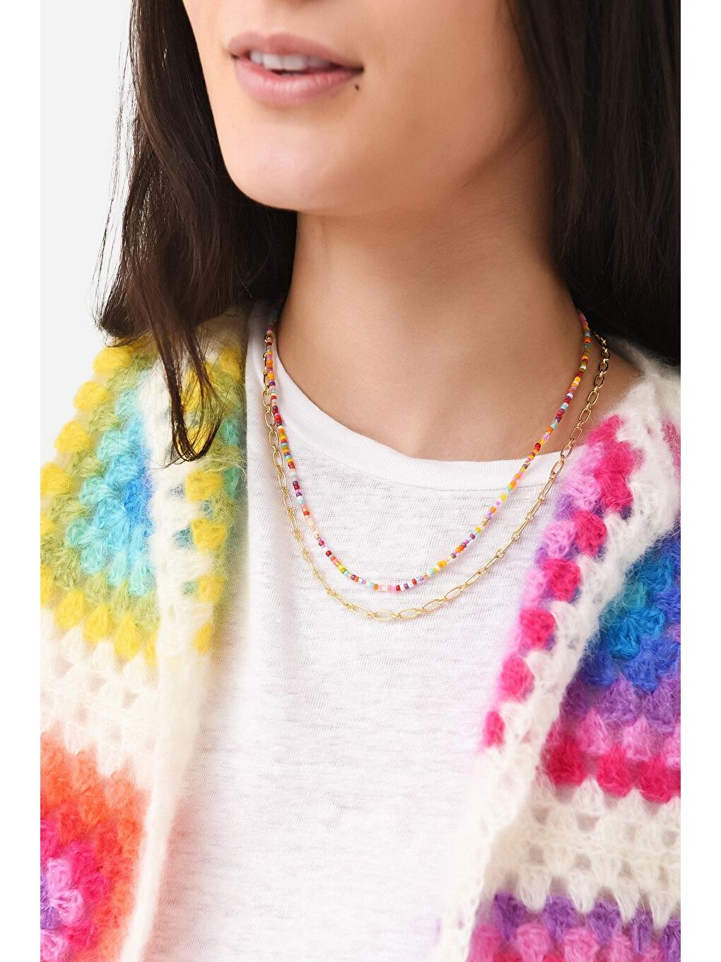 Karışık 2'li Geçmeli Zincir Boncuk Kolye-1