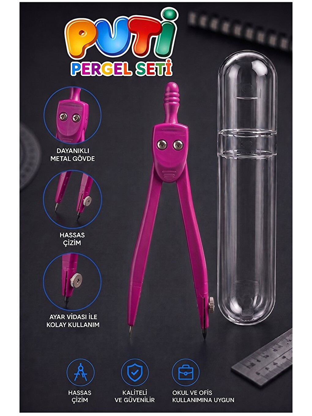 Pembe Metal Pergel 1 Adet Puti 1574 Koruma Kutulu Metal Pergel Grafit Uçlu Mekanik Pergel Matematik