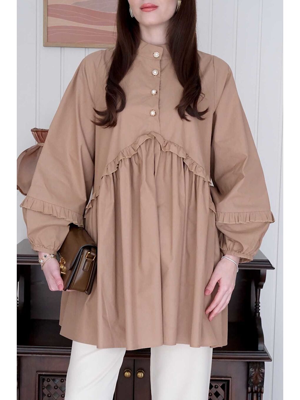 Bej Karamel İnci Detaylı Robalı Tunik Krem Boru Paça Pantolon Takım-6