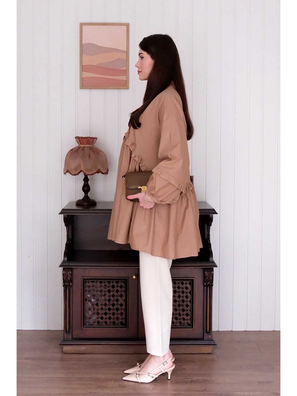 Bej Karamel İnci Detaylı Robalı Tunik Krem Boru Paça Pantolon Takım-7