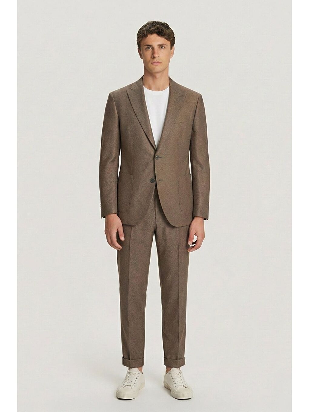 Kahverengi Erkek Kiremit Slim Fit Diyagonal Desenli Sivri Yaka Kordonlu Takım Elbise-1