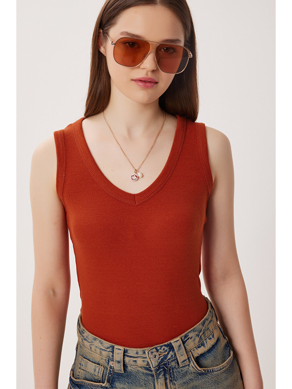 Kahverengi V Yaka Basic Fitilli Örme Bluz KİREMİT LRN0029