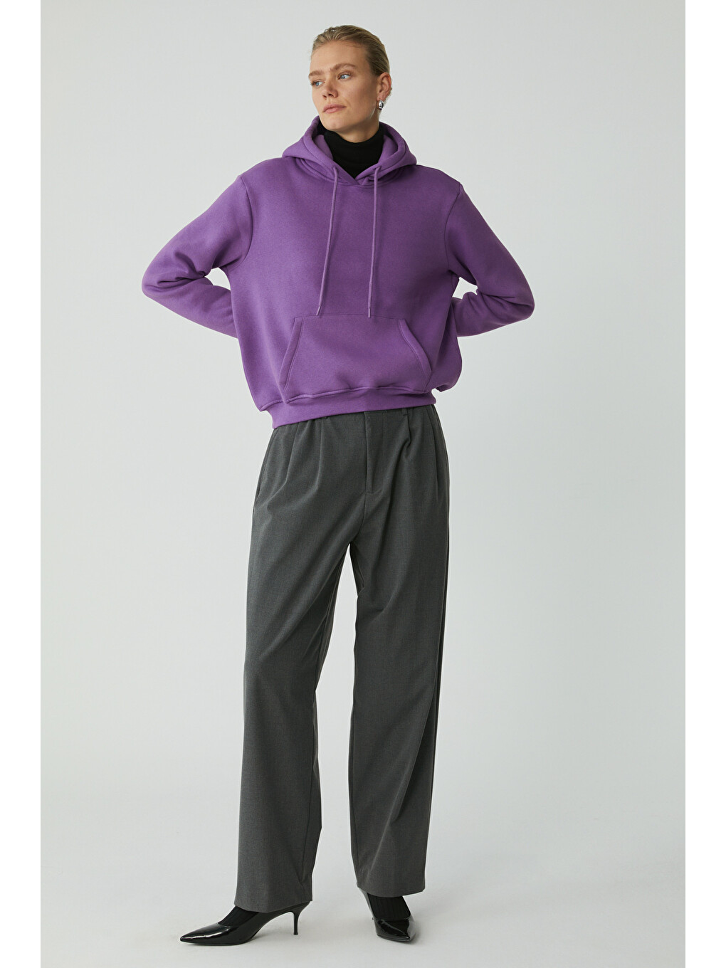 Diane Kadın İçi Polarlı Yumuşacık Comfort Fit Kapüşonlu Mor Sweatshirt-2
