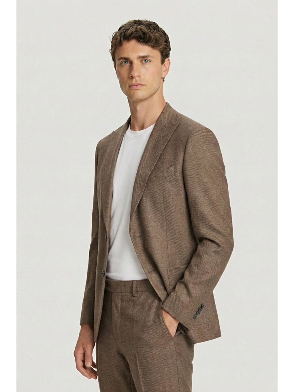 Kahverengi Erkek Kiremit Slim Fit Diyagonal Desenli Sivri Yaka Kordonlu Takım Elbise-2