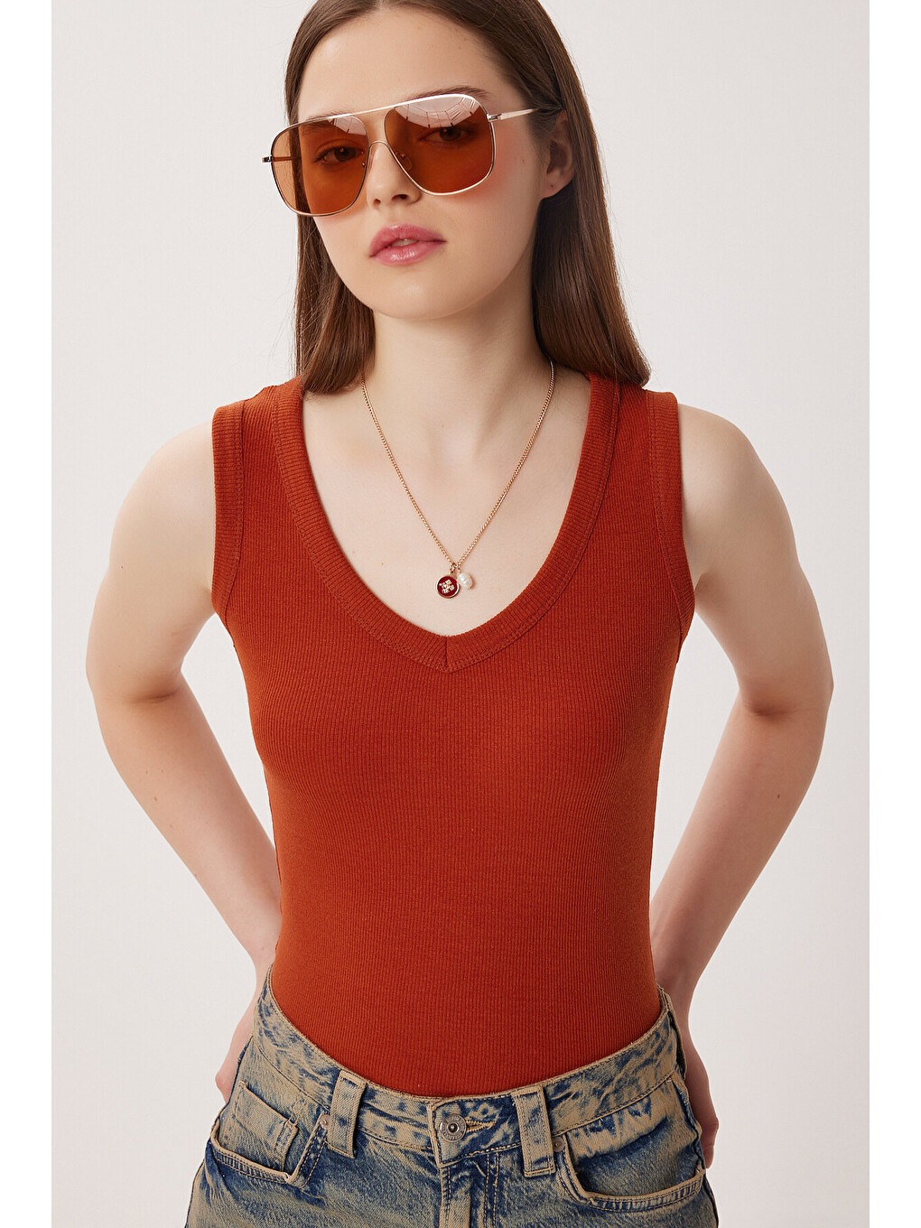 Kahverengi V Yaka Basic Fitilli Örme Bluz KİREMİT LRN0029-1