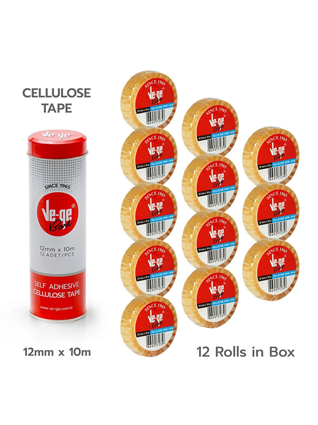 Ve-Ge Şeffaf 12x10 mt Selefon Bant(Cellulose Tape) 12 Adet Metal Tenekede