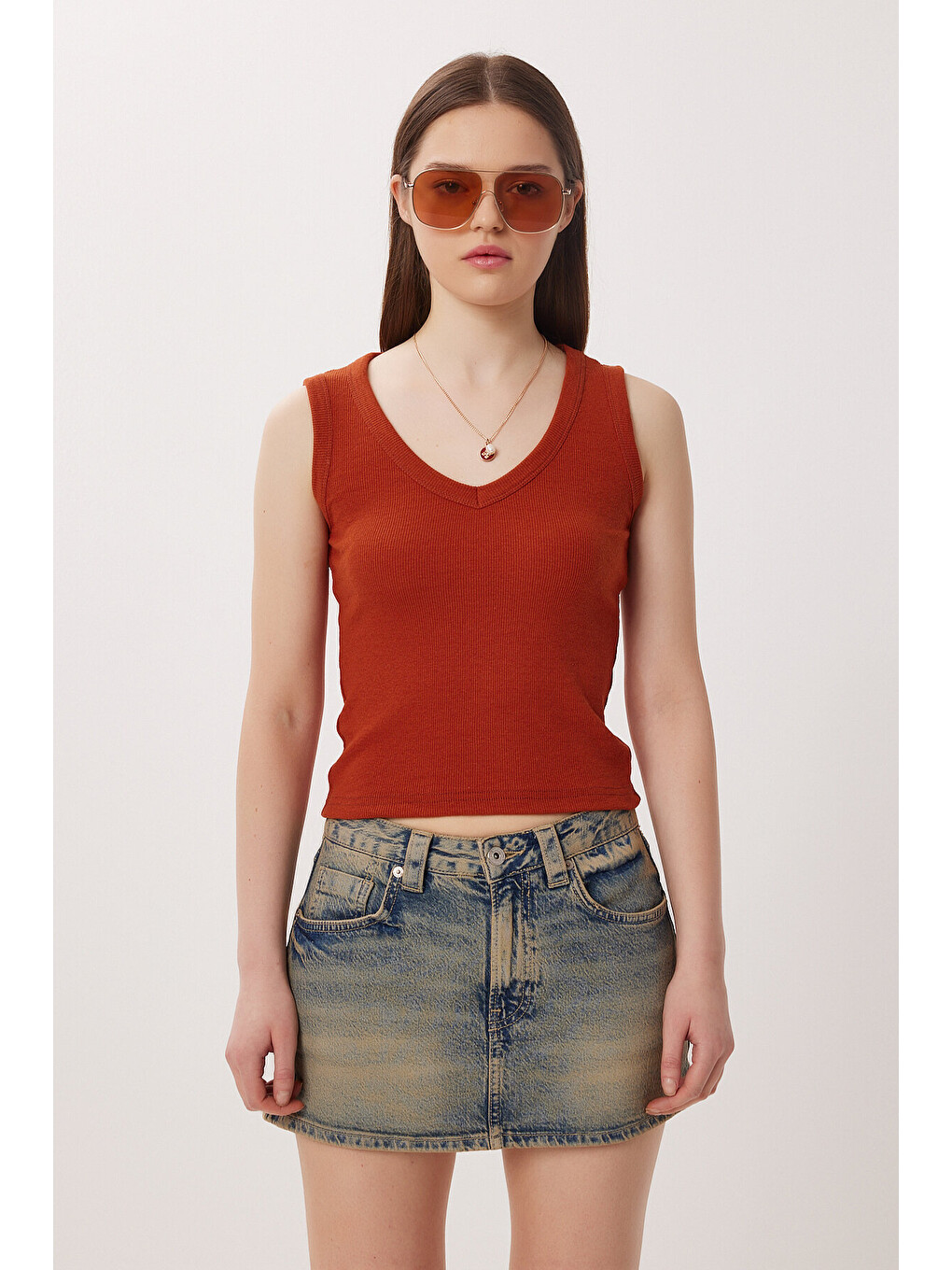 Kahverengi V Yaka Basic Fitilli Örme Bluz KİREMİT LRN0029-3