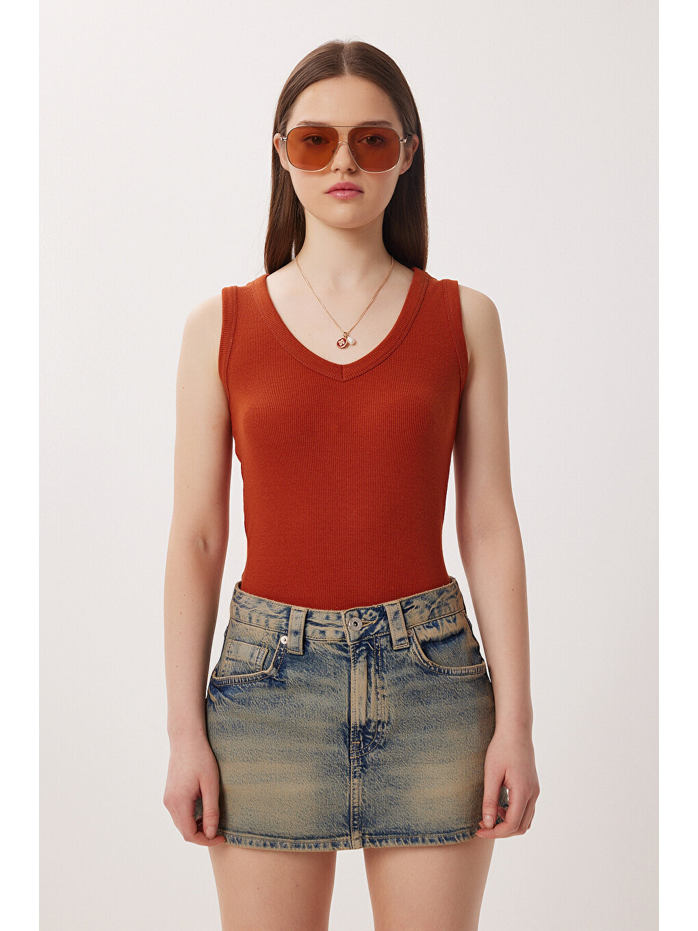 Kahverengi V Yaka Basic Fitilli Örme Bluz KİREMİT LRN0029-4