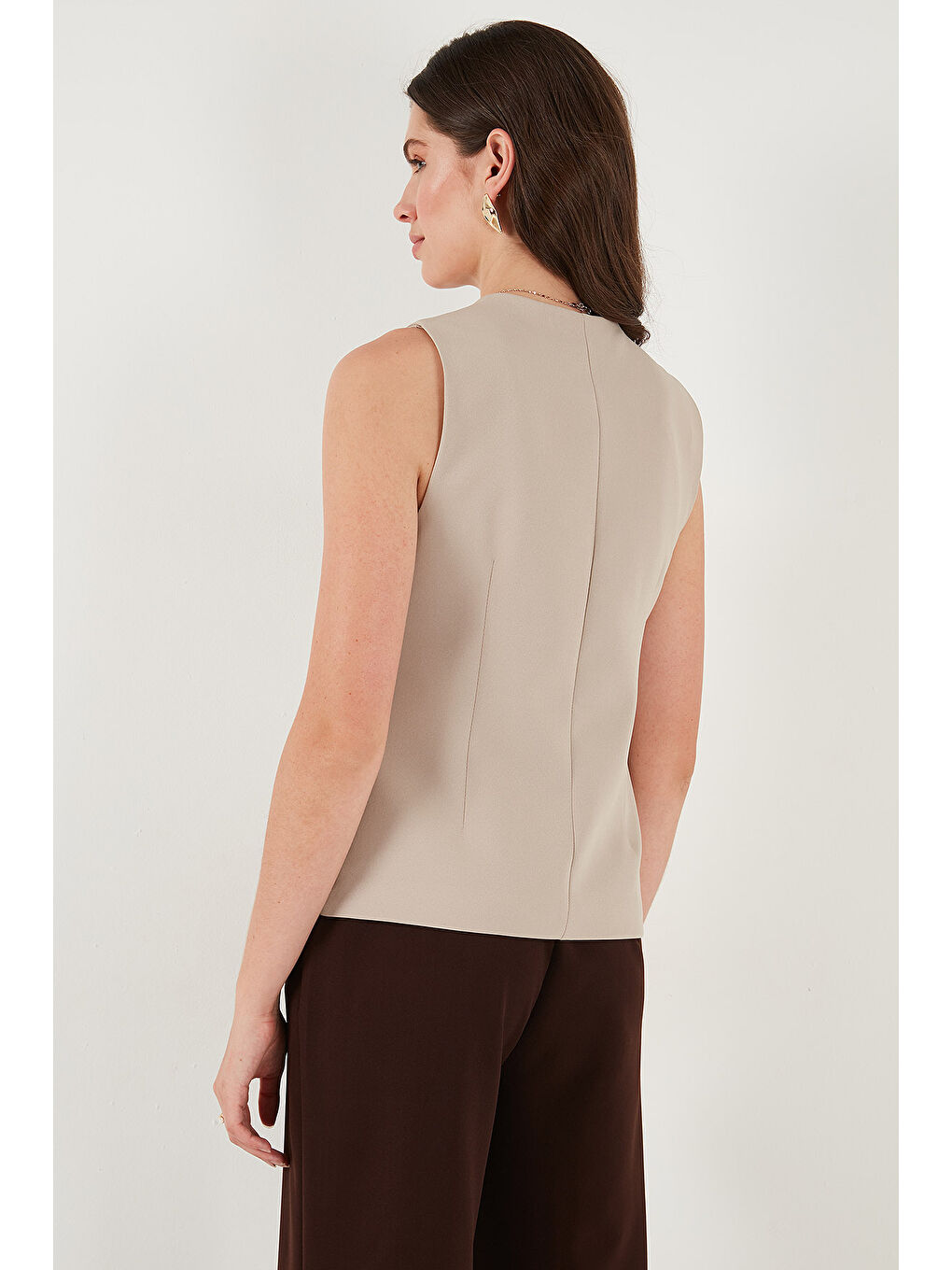 Bej Regular Fit Bisiklet Yaka Kolsuz Düğmeli Basic Kadın Bluz Yelek 65200004-6