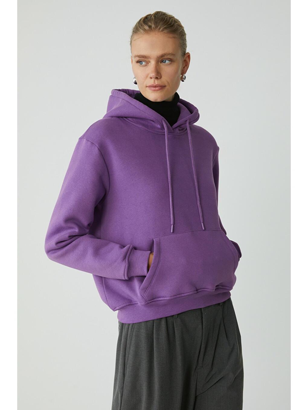Diane Kadın İçi Polarlı Yumuşacık Comfort Fit Kapüşonlu Mor Sweatshirt-3