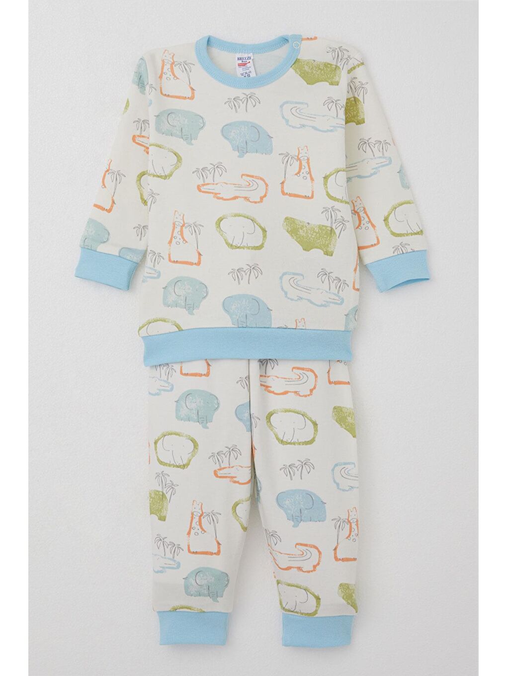 Erkek Bebek Pijama Takımı Omuzdan Patlı Safari Temalı Hayvancıklar Desenli Ekru (4-6 Ay)