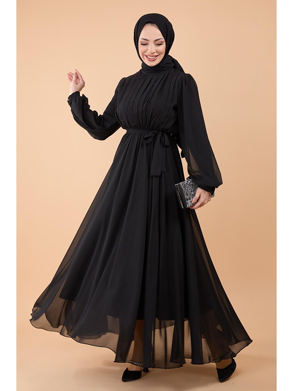 Bisiklet Yaka Kadın Siyah Elbise - 23863-1