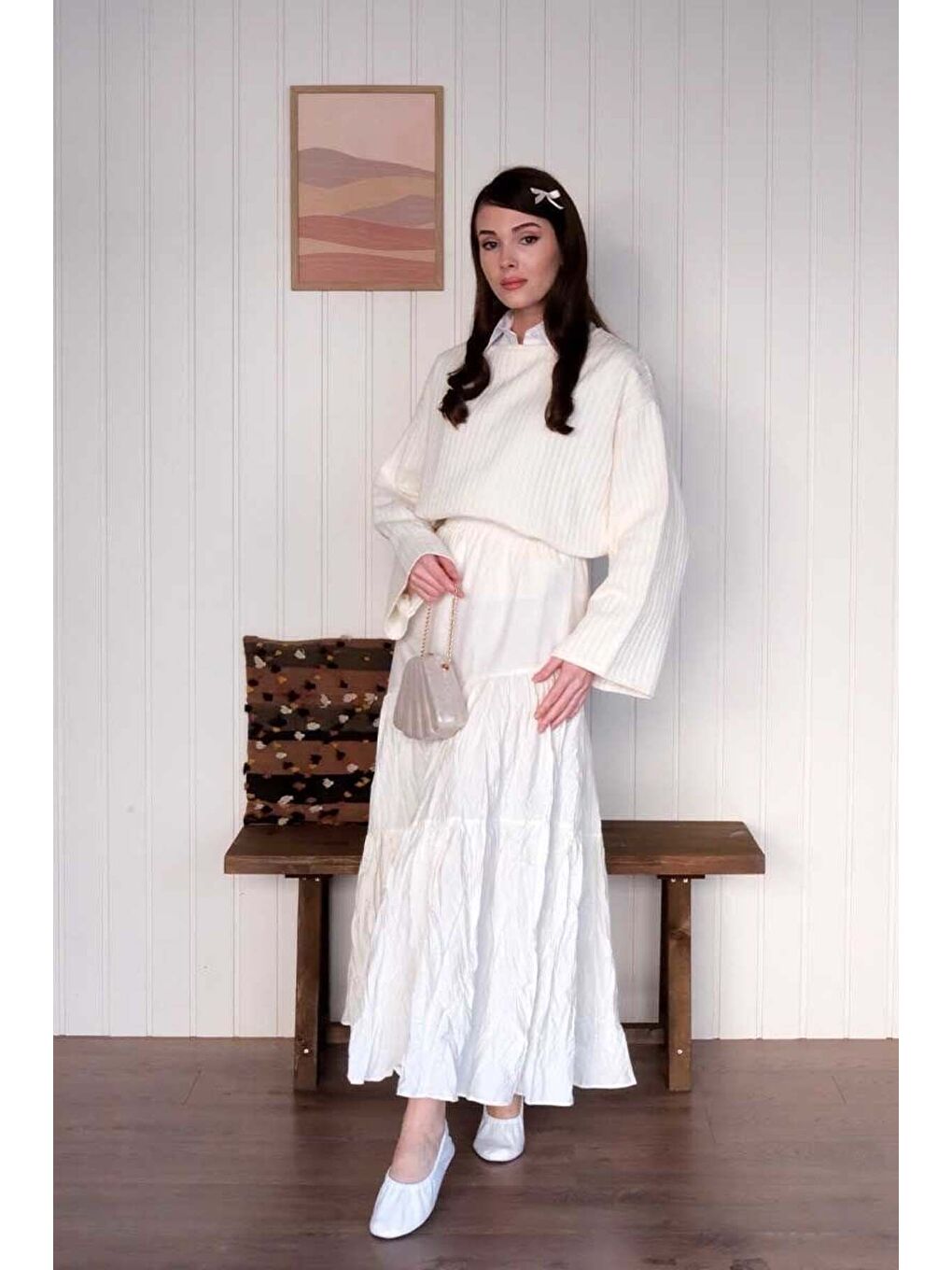 Ekru Kat Kat Kraşlı Etek-1