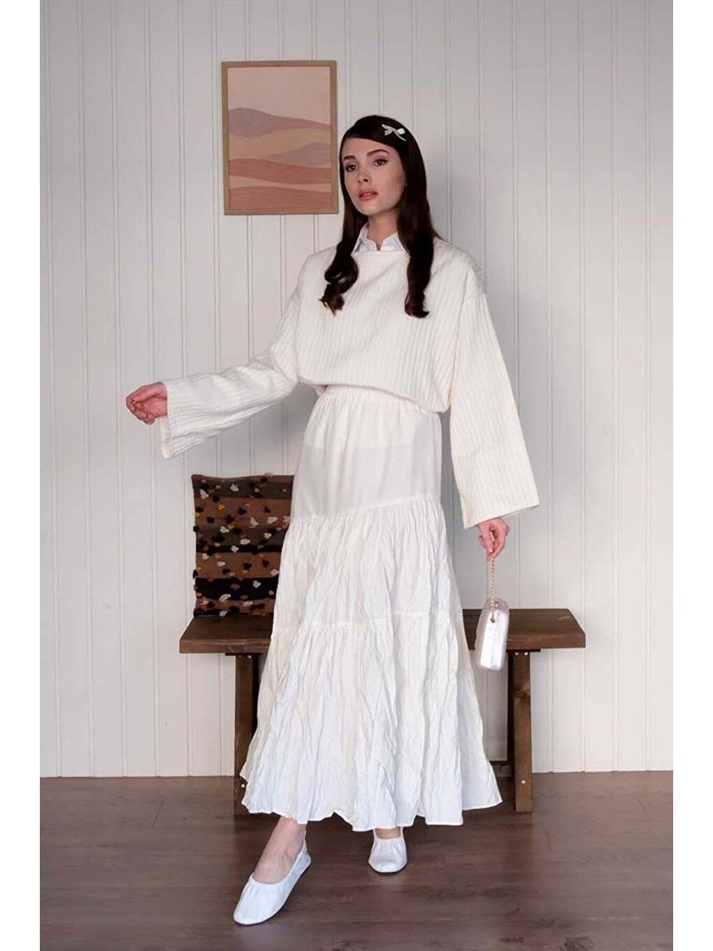 Ekru Kat Kat Kraşlı Etek-2