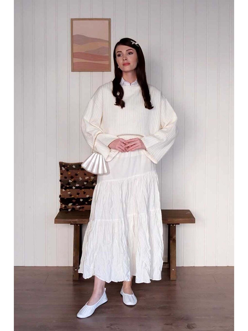 Ekru Kat Kat Kraşlı Etek-3