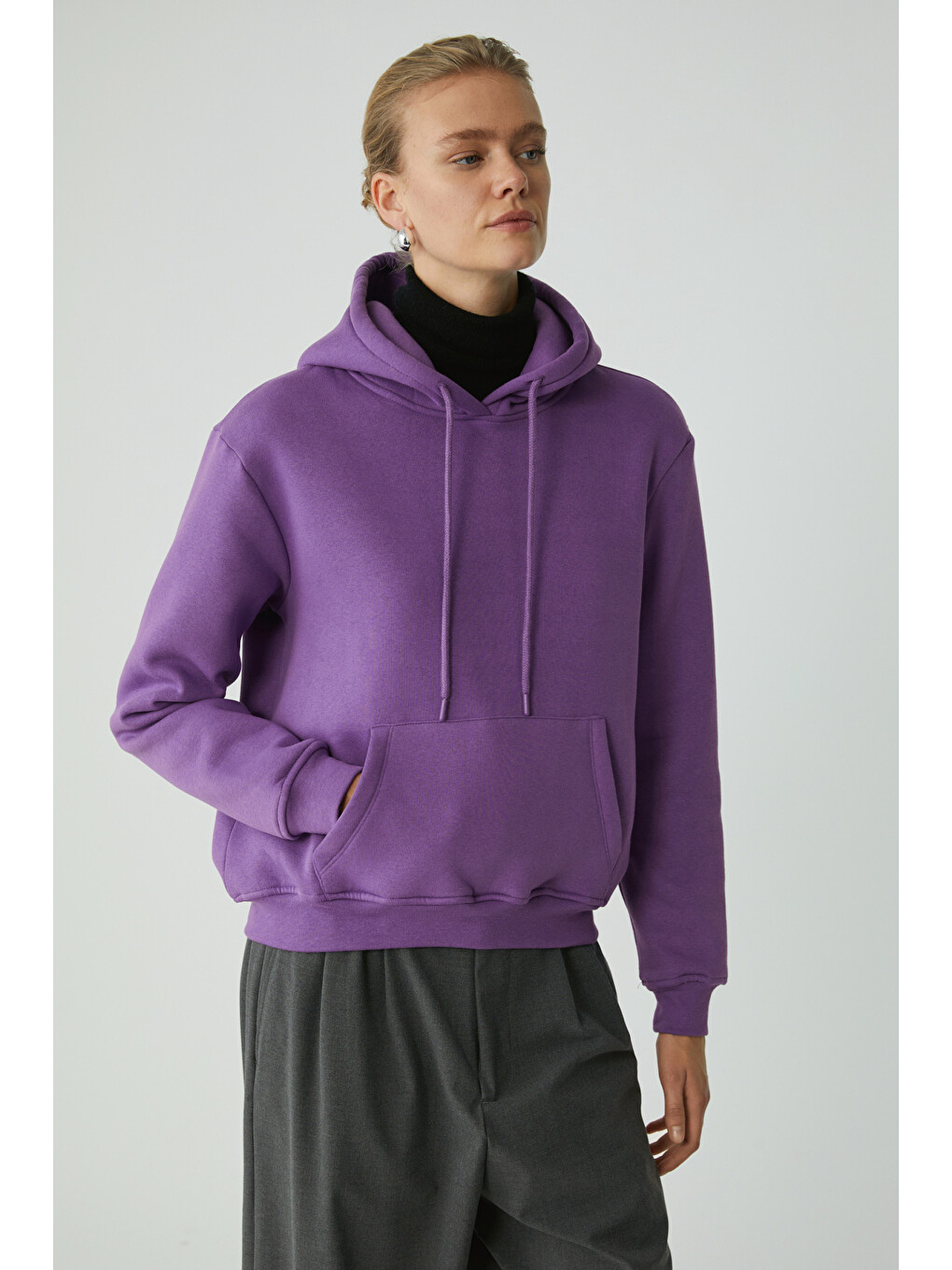 Diane Kadın İçi Polarlı Yumuşacık Comfort Fit Kapüşonlu Mor Sweatshirt-4