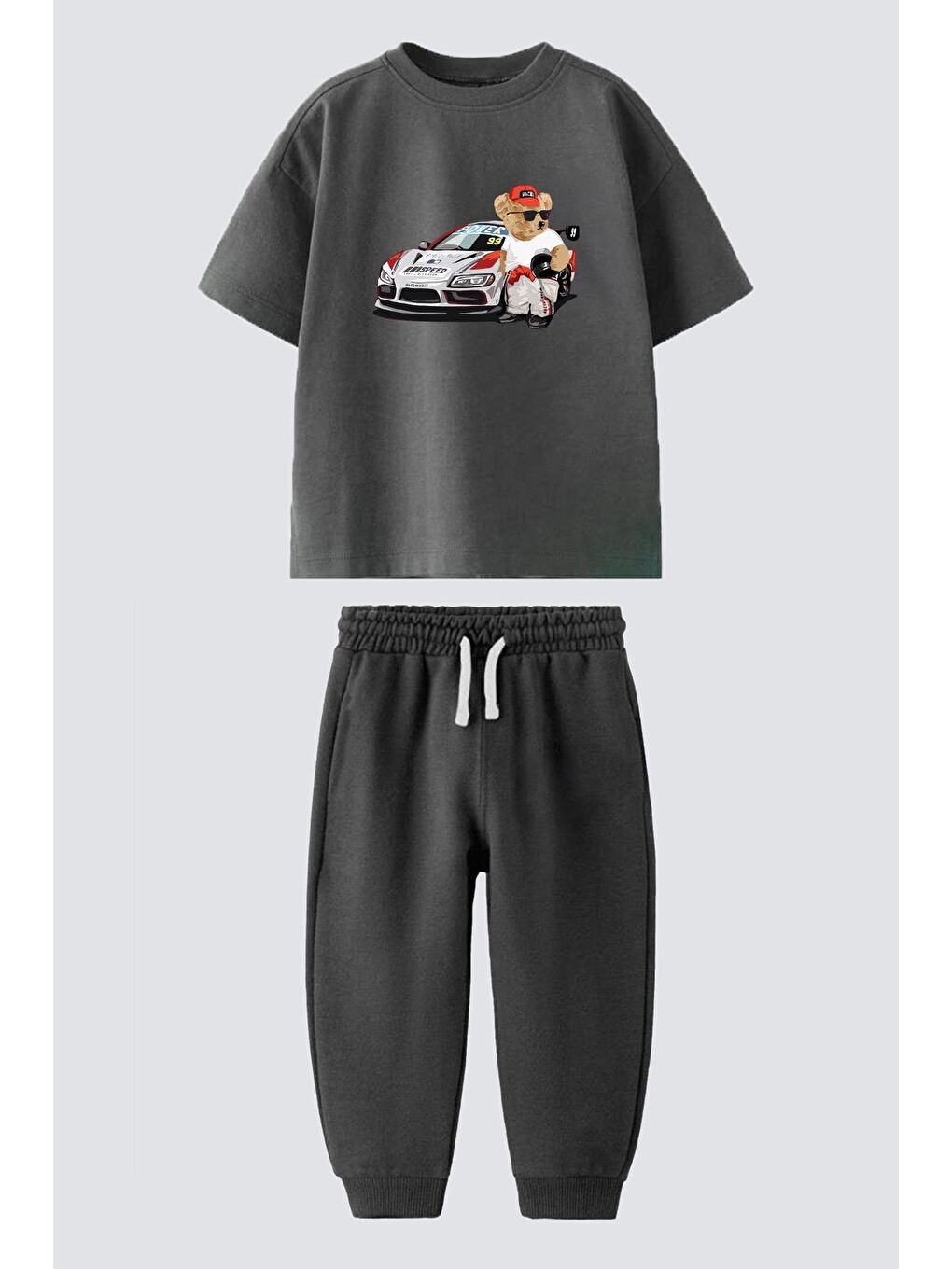 Antrasit Erkek Çocuk Araba Baskılı Tshirt ve Eşofman Takım