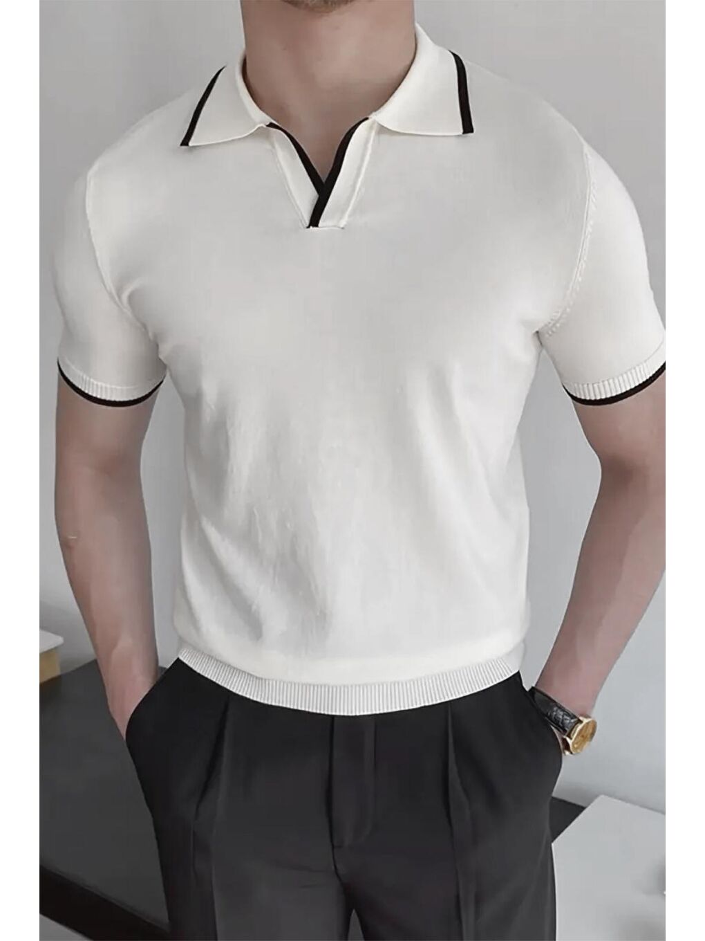 Beyaz Santos Yakası ve Kolu Şeritli Elastanlı Slim Fit Polo Yaka Örme Erkek Triko Tshirt