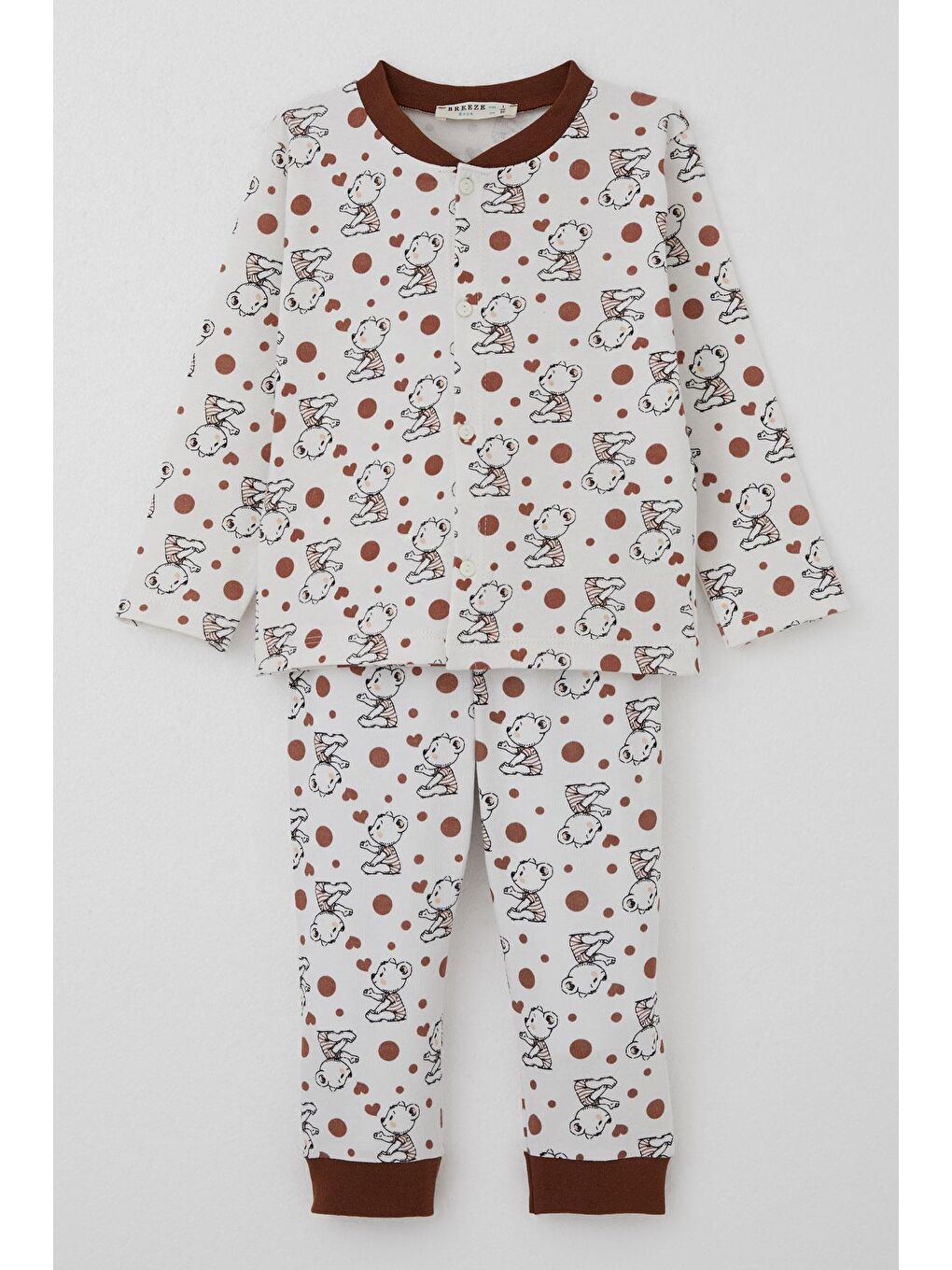 Erkek Bebek Pijama Takımı Bebek Sevimli Ayıcık Desenli Ekru (4 Ay-1 Yaş)