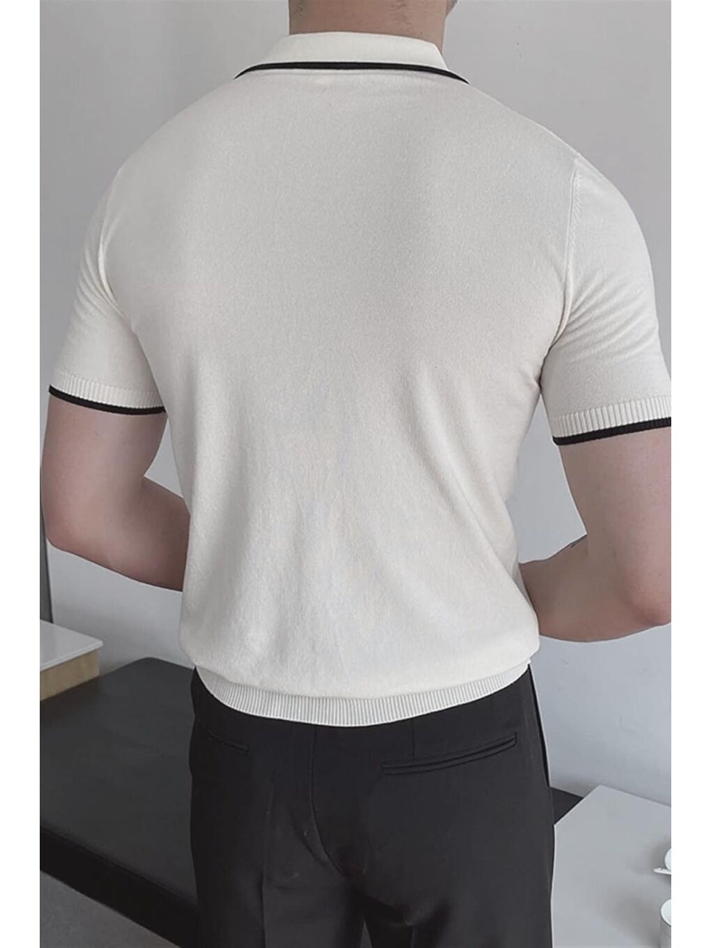 Beyaz Santos Yakası ve Kolu Şeritli Elastanlı Slim Fit Polo Yaka Örme Erkek Triko Tshirt-1