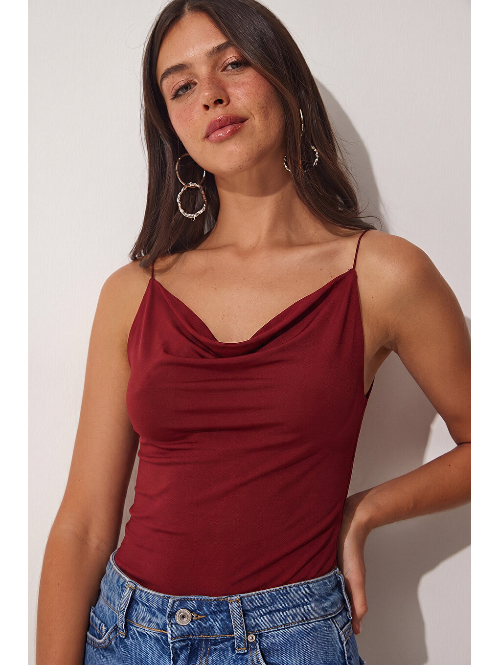 Bordo Askılı Degaje Yaka Sandy Örme Bluz BORDO LRX0013